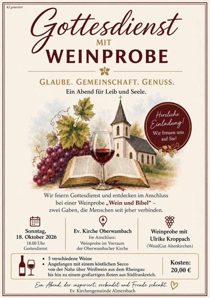 Plakat (KI-generiert): Gottesdienst mit Weinprobe